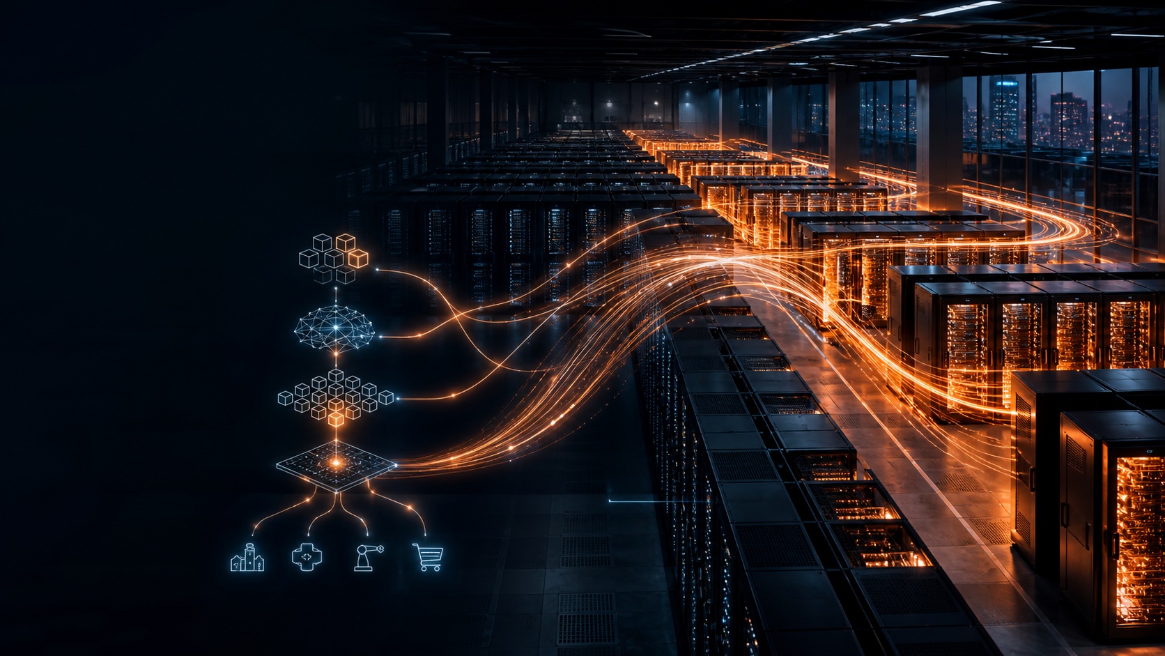 Conceptual transition from idle compute capacity to a continuously operated AI production system